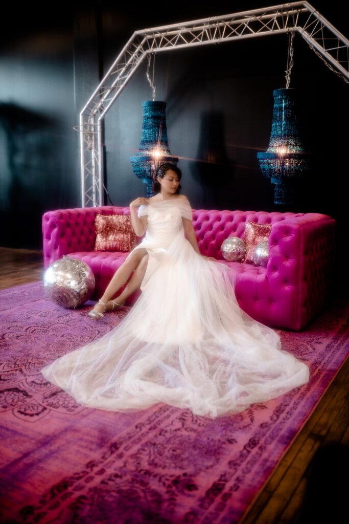 Pink Sofa and Disco Ball Wedding Lounge